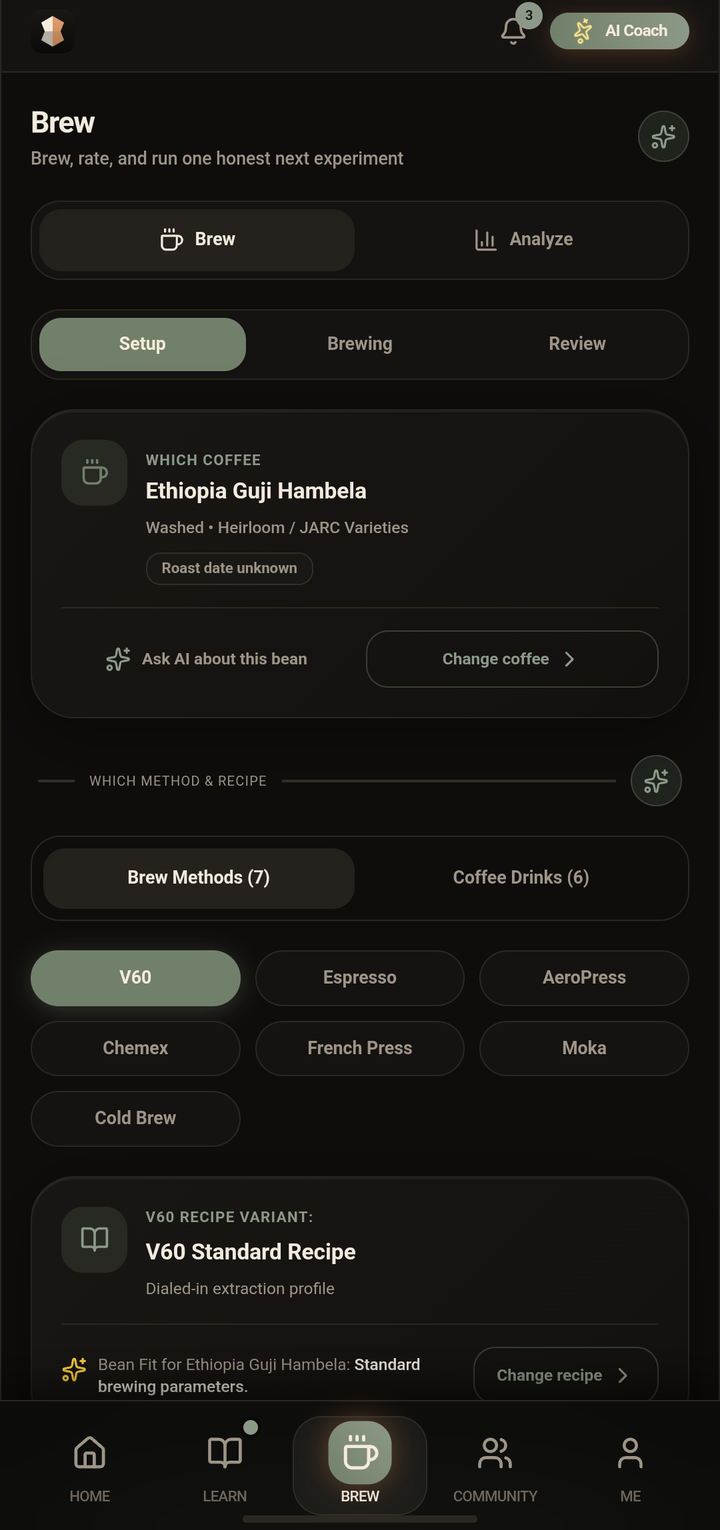 Cupmark Brew setup — coffee, method, and recipe selection
