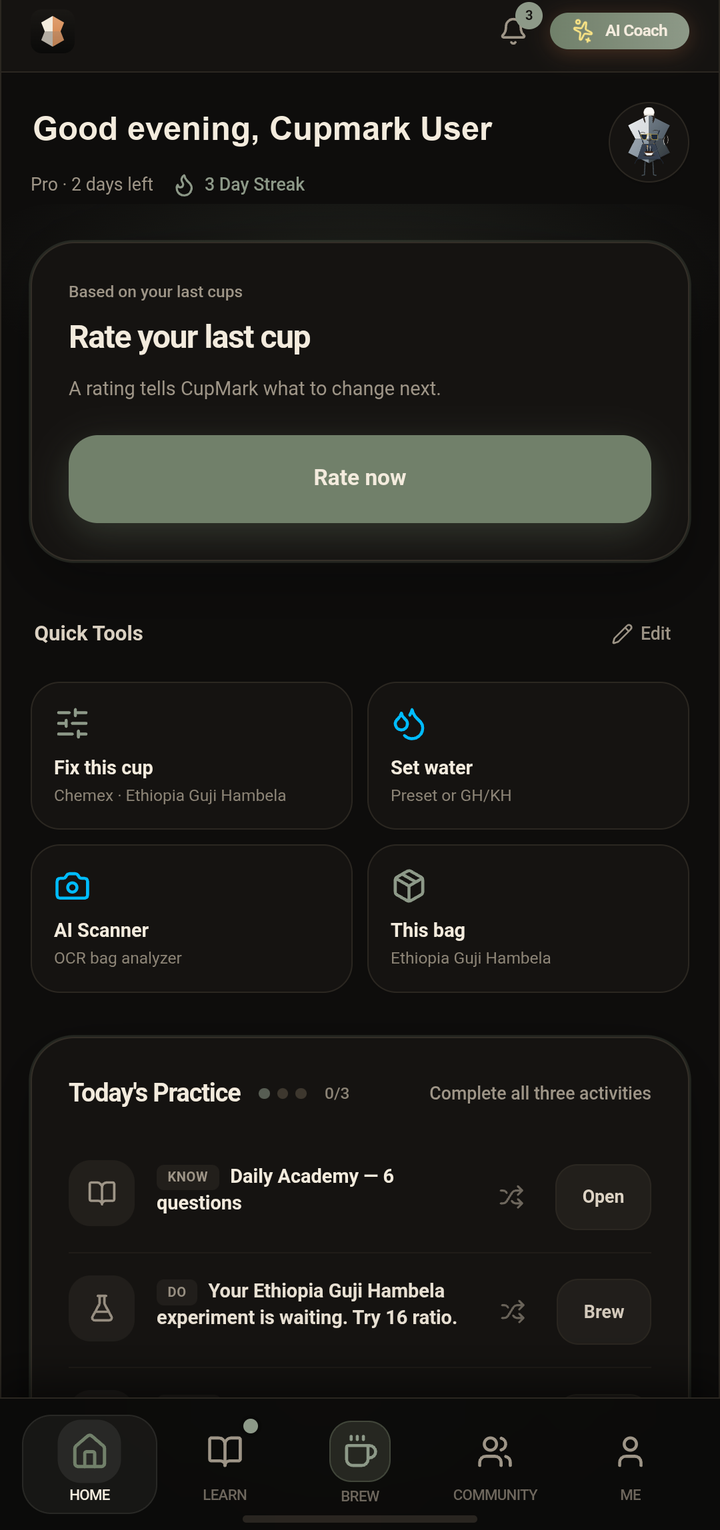 Cupmark home screen — today's practice and daily streak