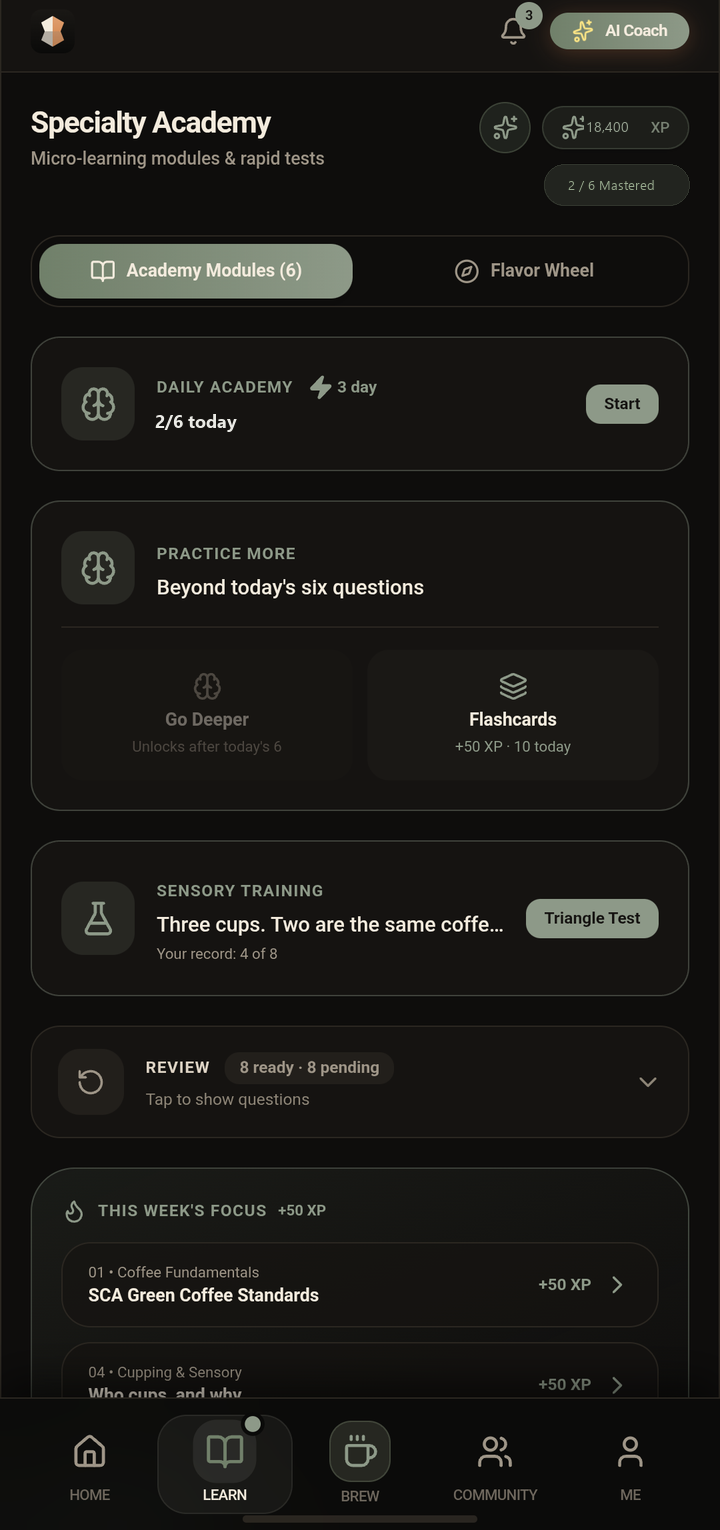 Cupmark Specialty Academy — daily quiz, flashcards, and review queue