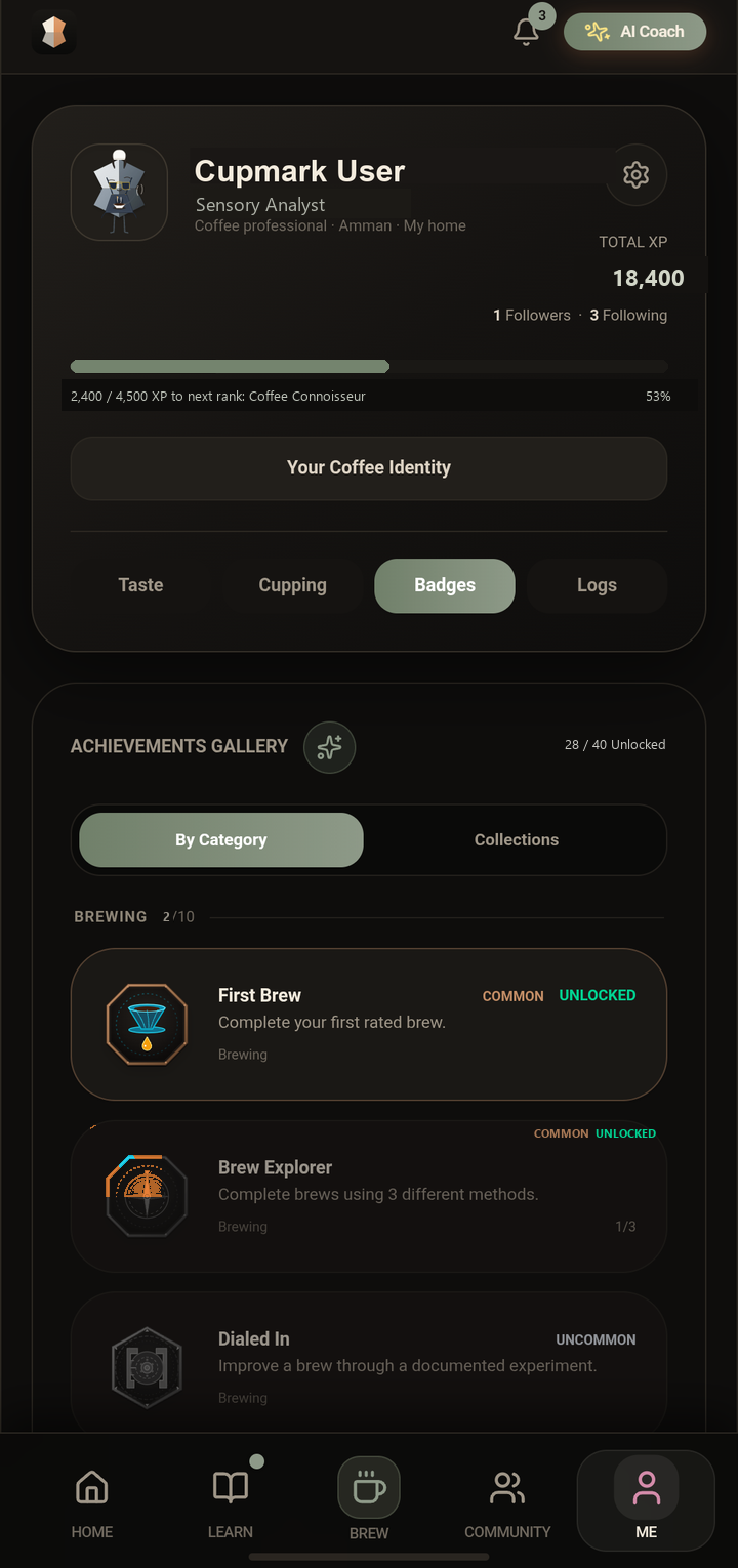Cupmark achievements gallery — rank, XP, and unlocked badges